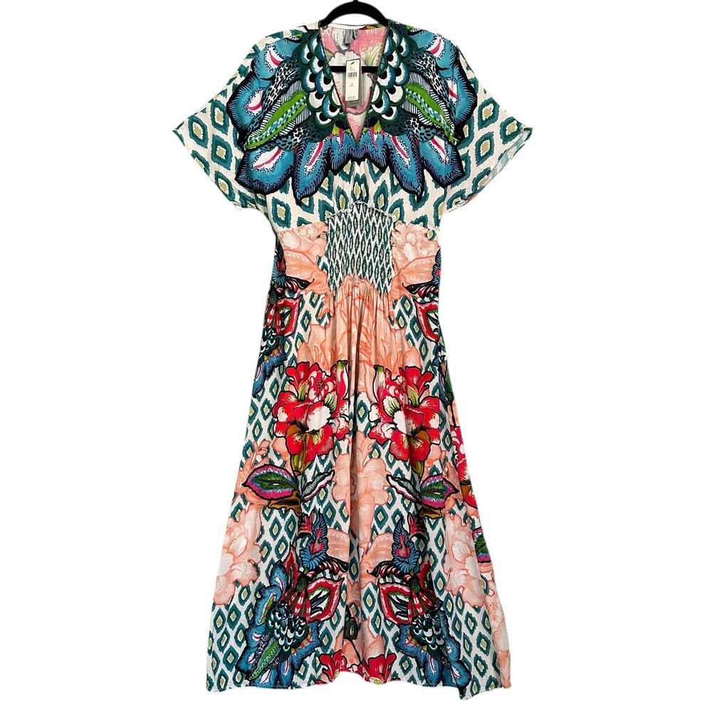 Bl-nk London Tatiana Maxi Dress Peacock Smocked‎ Waist Coral Blue OS Boho Resort